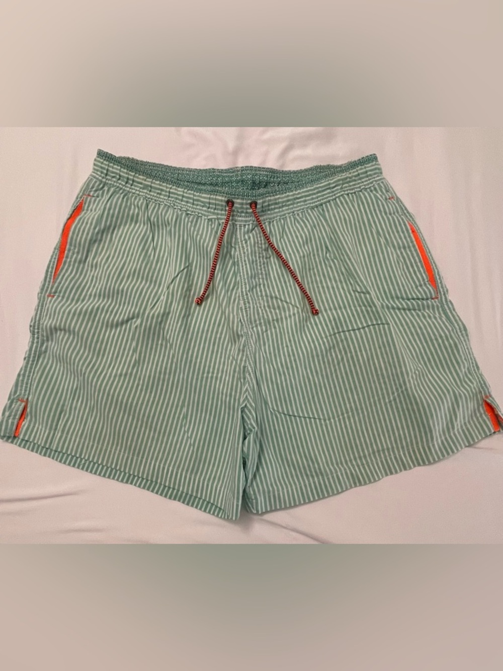 St. Tropez Mint Stripe Swim Trunks with Orange Trim